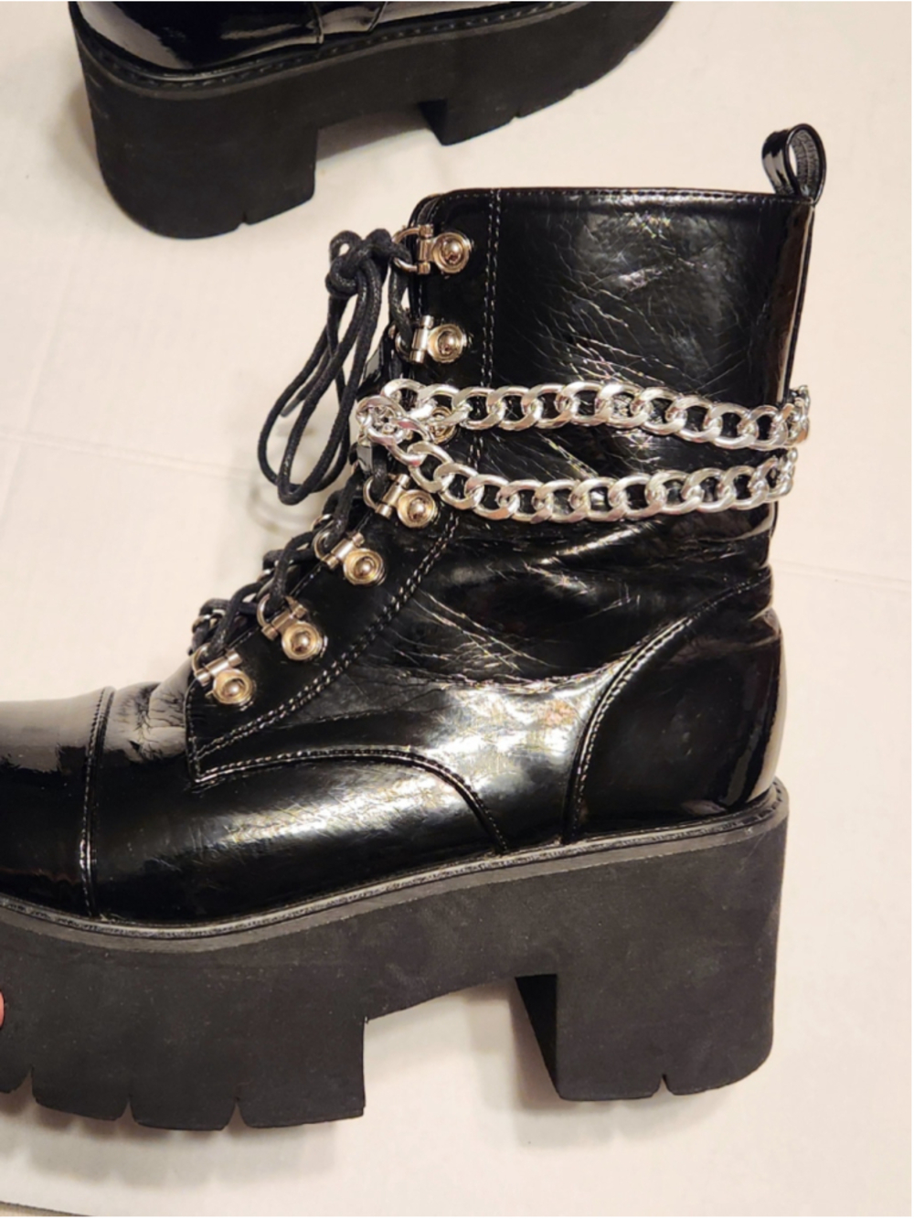 Black High Platform Silver Chain Accent Chunky Gothic Punk Ankle Boots 39/8 - Picture 9 of 12
